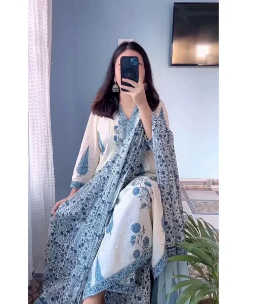 Ivory & Blue Floral Printed Kurta Set with Matching Dupatta