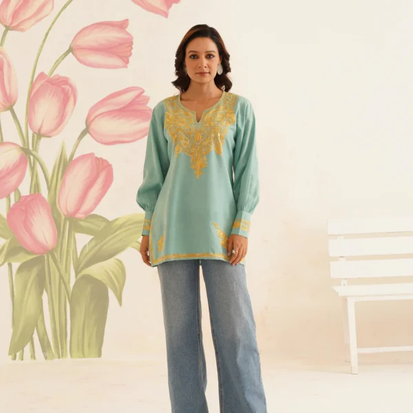Sea Green Kurti with Golden Aari Embroidery | Bahaar Collection 2025