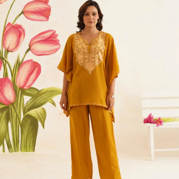 Mustard Brown Aari Embroidered Cotton Kaftan Set | Comfortable Loose-Fit Coordinated Outfit | Summer Ethnic Wear