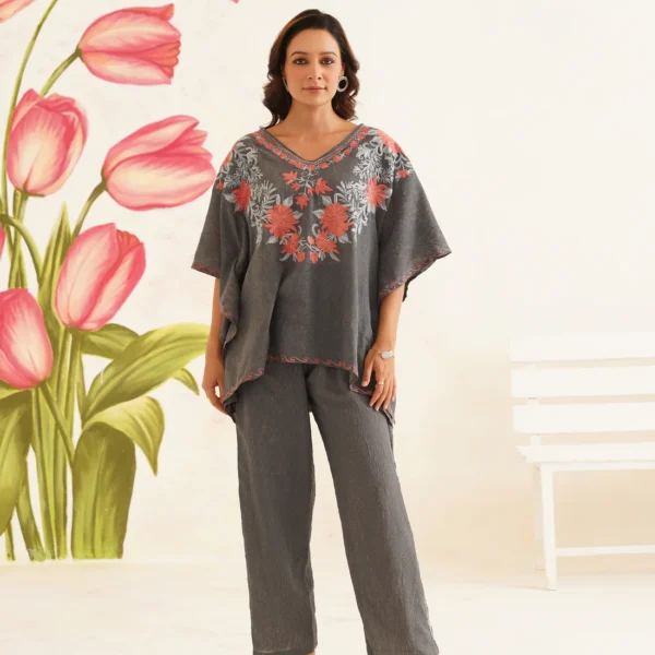 Charcoal Gray Aari Embroidered Cotton Kaftan Set | Comfortable Loose-Fit Coordinated Outfit | Summer Ethnic Wear