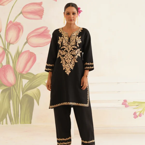 Black Cotton Coordset with Beige Floral Embroidery | Bahaar Collection 2025