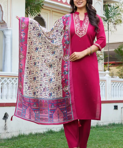 Elegant Rani Pink Embroidered Kurta Pant Set with Printed Dupatta