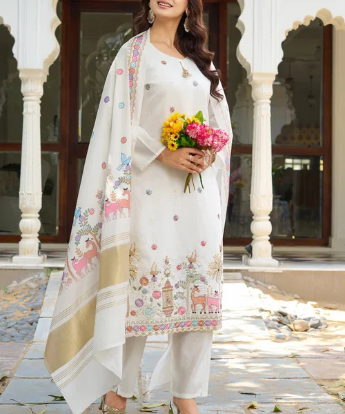 Elegant Off-White Embroidered Kurta Set with Dupatta – Premium Ethnic Wear for Women