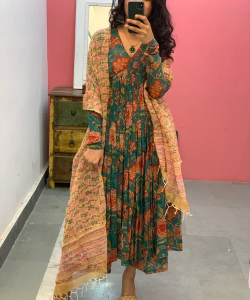 Teal Green Floral Printed Anarkali Kurta Set with Contrast Dupatta – Elegant Ethnic Wear
