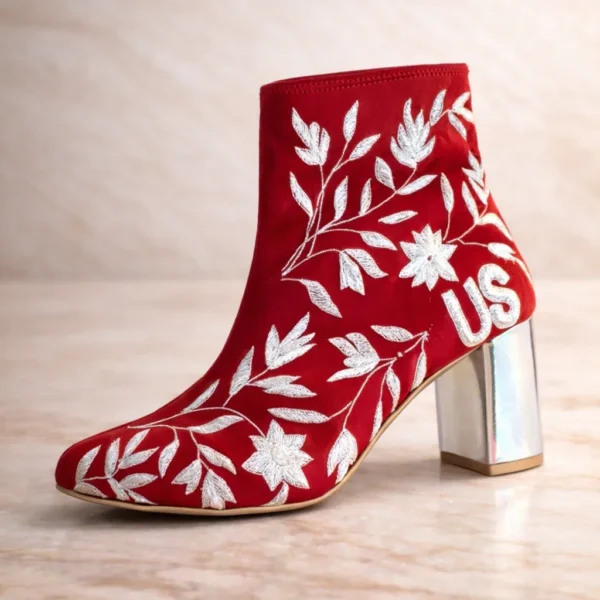 Red Embroidered Block Heel Ankle Boots – Bridal & Evening Footwear