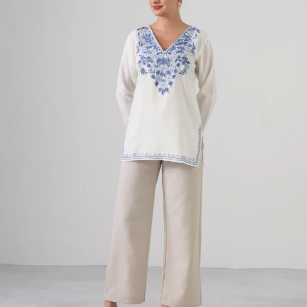 White Embroidered Short Kurti for Women - Cotton Aari Work
