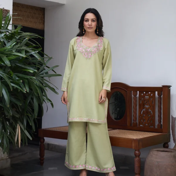 Nigeen Kashmiri Aari Light Green Co-ord Set