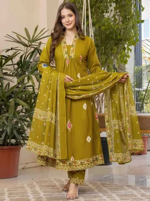 Olive Green Ethnic Motifs