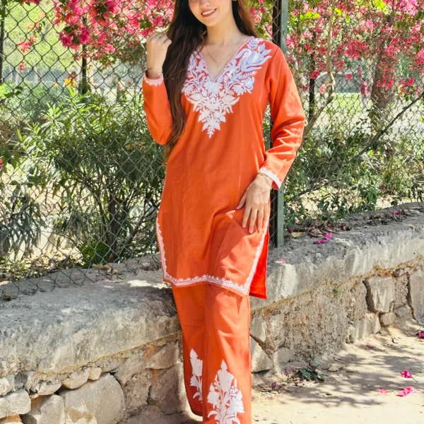 Nigeen Kashmiri Aari Rust Orange Co-ord Set