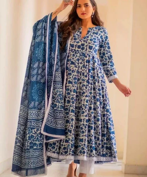 Blue Cotton Printed Kurti With Pant & Dupatta Set