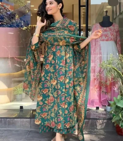 Women's Printed Cotton Anarkali Kurta & Pant With Dupatta Set