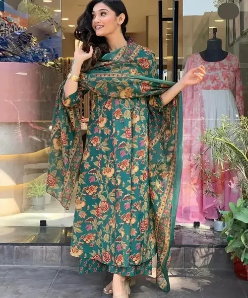 Women's Printed Cotton Anarkali Kurta & Pant With Dupatta Set