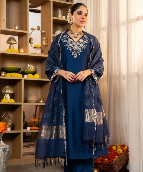 Navy Blue Embroidered Cotton Suit Set with Printed Dupatta