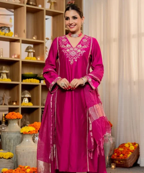 Magenta / Rani Pink Embroidered Kurta Pant Set with Dupatta