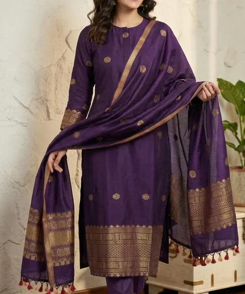 Elegant Purple Kurta Pant Set with Gold Motif Work & Border Dupatta