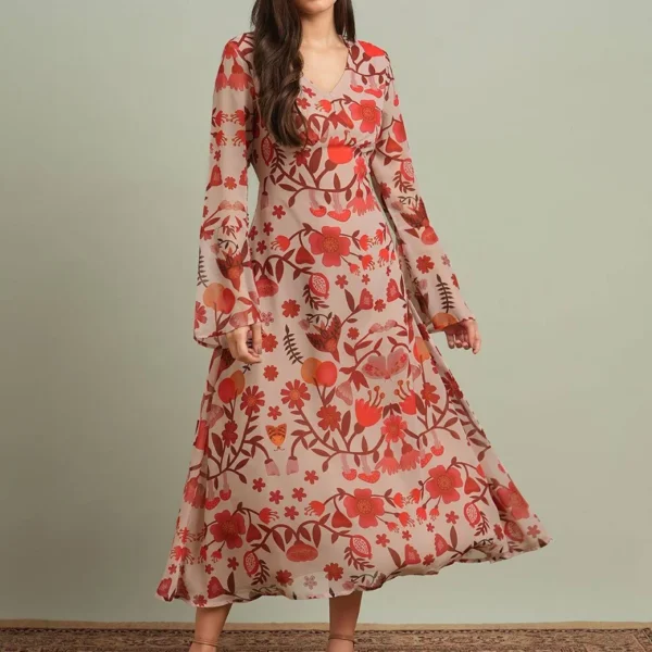 Globus V-Neck Bell Sleeves Floral Print Georgette Midi A-Line Dress (L) by Myntra