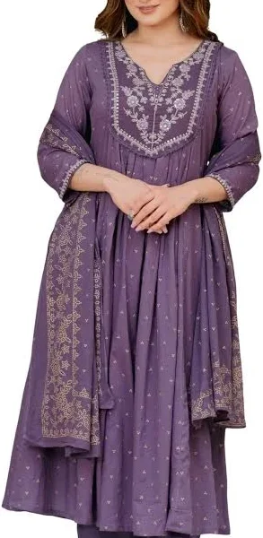 Arayna Women’s 100% Pure Cotton Anarkali Kurta Set with Pant & Dupatta | Embroidered Flared Kurta | Elegant Ethnic Suit
