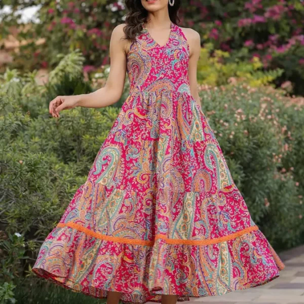 Women Paisly Printed Tiered Fit and Flare Ethnic Dress, Has A V-neck L / Fuchsia