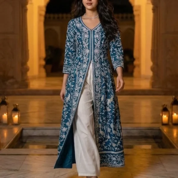 Greenish Blue Heavy Embroidered Magic Cotton Shrug with Palazzo Set
