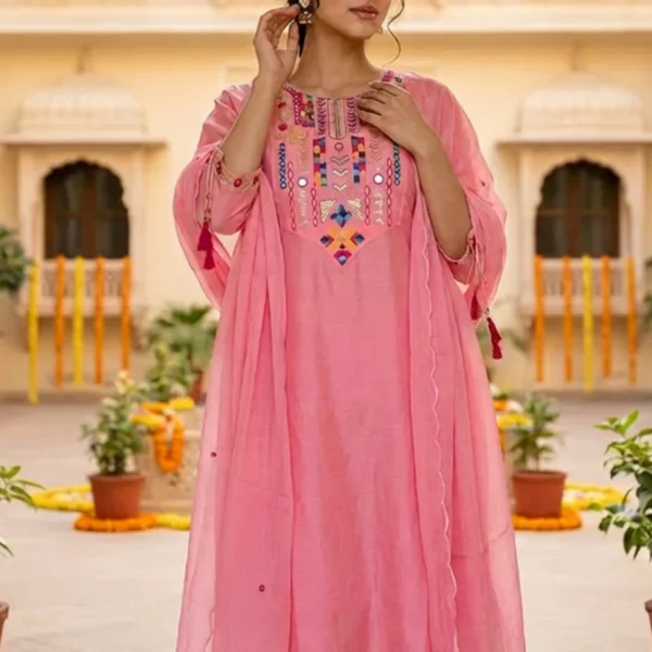 Pink Embroidered Chanderi Silk Suit Set
