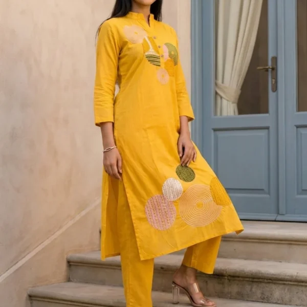 Yellow Embroidered Chanderi Silk Kurta and Pant Set