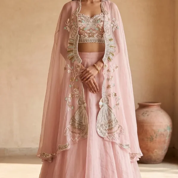 Pink Crepe Indowestern Lehenga with Embroidered Jacket-AC1170
