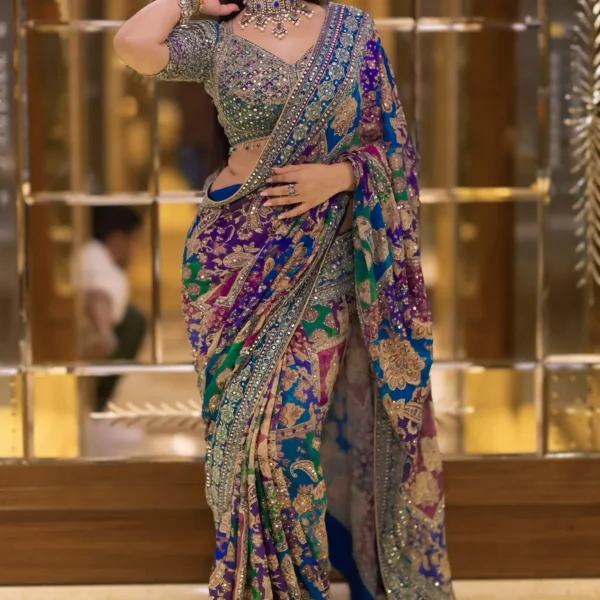 Actress Vishakha Dhiman Slays in Samyakks Multicolor Crepe Printed Designer Saree with Embroidered Readymade Blouse-SR27805