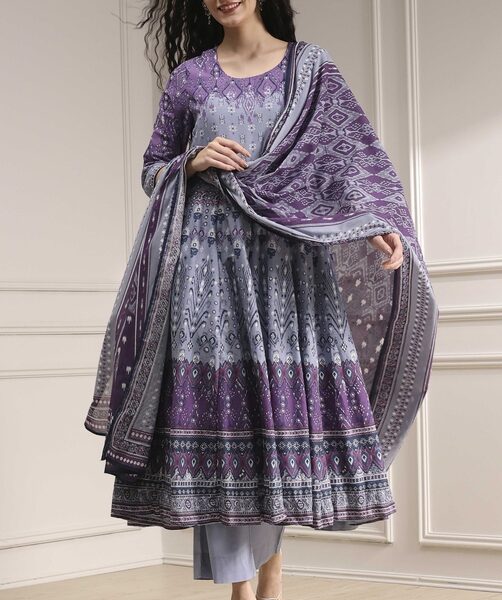 Lilac Cotton Printed Anarkali Suit Set
