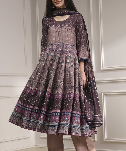 Mud Brown Cotton Printed Anarkali Suit Set