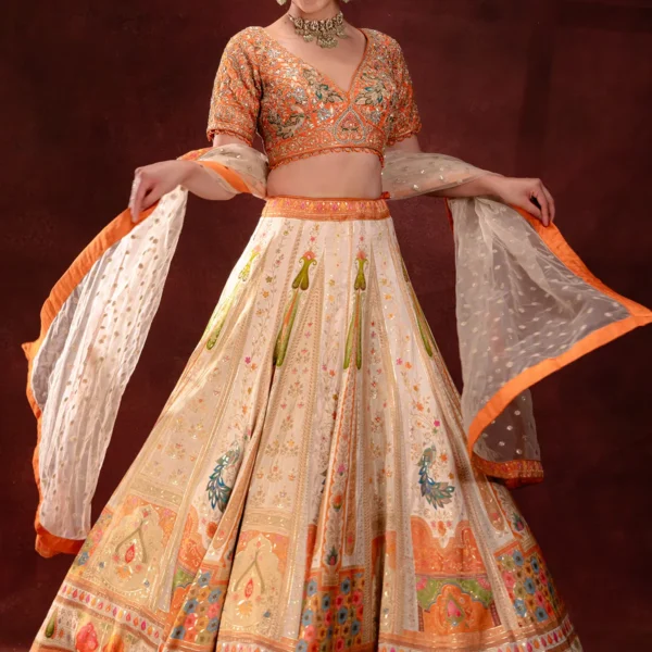 Beige Umbrella Style Silk Bridesmaids Lehenga with Elbow Sleeve Blouse-GL3909