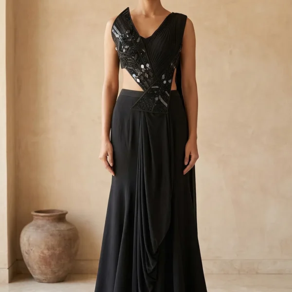Black Crepe Ready to Wear Saree with Embroidered Blouse-JL3685