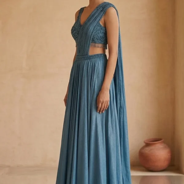 Blue Sequins Embroidered Lycra Designer Lehenga with Drapped Dupatta-GM4344