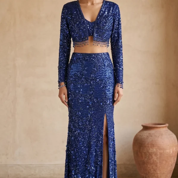 Blue Sequins Embroidered Net Designer Salwar with Semi Sweet Heart Neck-JL2042