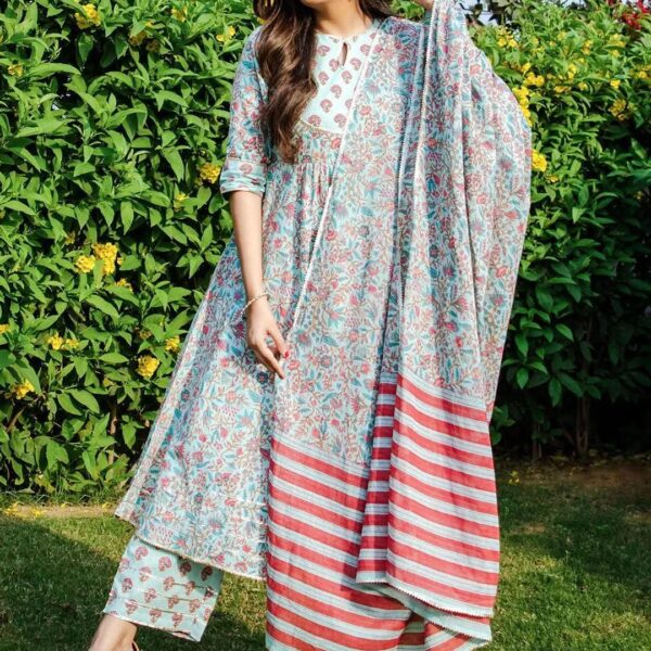 Blue Yoke Design Cotton Anarkali Kurta With Trousers & Dupatta