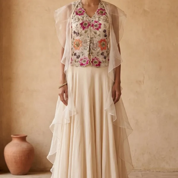 Cream Resham Embroidered Crepe Palazzo Suit-JL1868