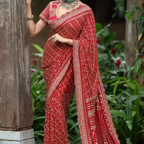 Crimson Red Printed Crepe Designer Saree with Embroidered Leaf Neck Blouse-SR27841