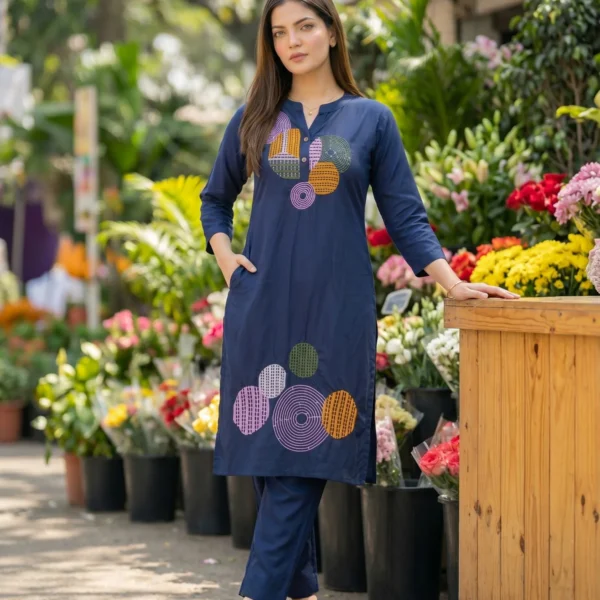 Navy Blue Embroidered Chanderi Silk Kurta and Pant Set