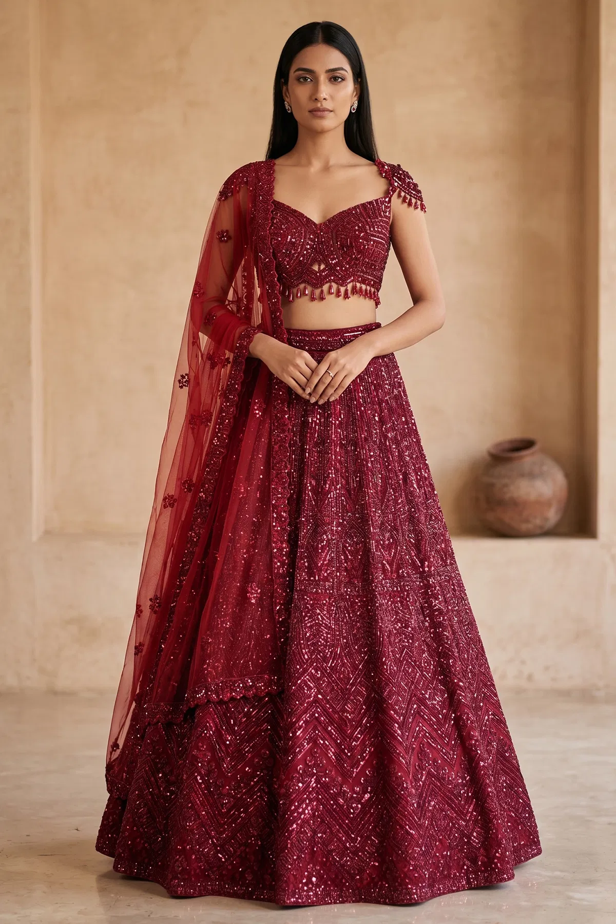 dark-red-net-sangeet-lehenga-with-embroidered-strap-sleeve-blouse-jl4505