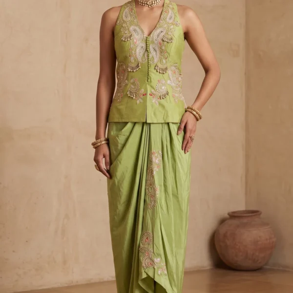 Green Resham Embroidered Silk Draped Suit with V Neck-AB2433