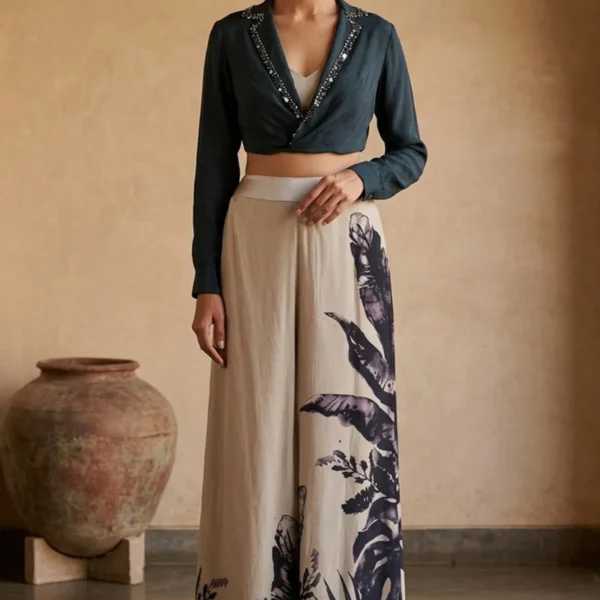 Grey Sequins Embroidered Crepe Designer Salwar with Notch Lapel Collar-AB2171