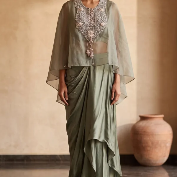 Jade Green Stain Darpped Salwar Kameez with Embroidered Jacket-AA3454