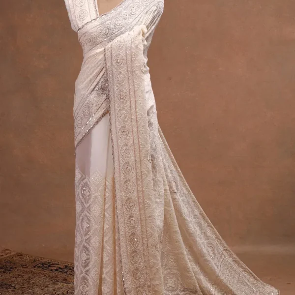 White Thread Embroidered Designer Georgette Saree with Unstitched Blouse-JF4943