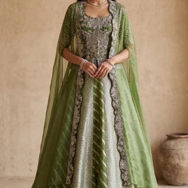 Leaf Green Sequins Embroidered Silk Lehenga with Cape-AC2415