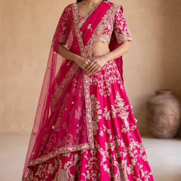 Magenta Pink Silk Bridal Lehenga with Elbow Sleeve Blouse and Double Duppatta-AC2888
