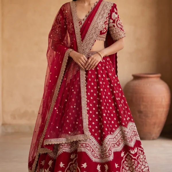 Maroon Zardosi Embroidered Silk Bridal Lehenga with Double Dupatta-AC3216