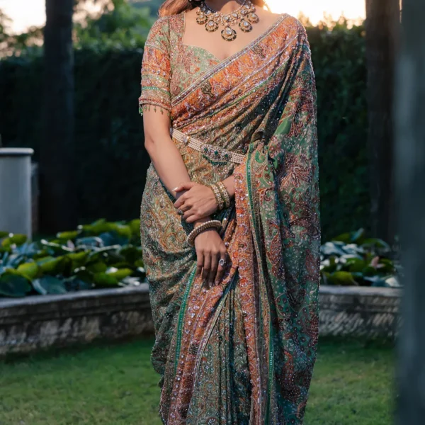 Mint Green Printed Crepe Designer Saree with Embroidered Readymade Blouse-SR27947