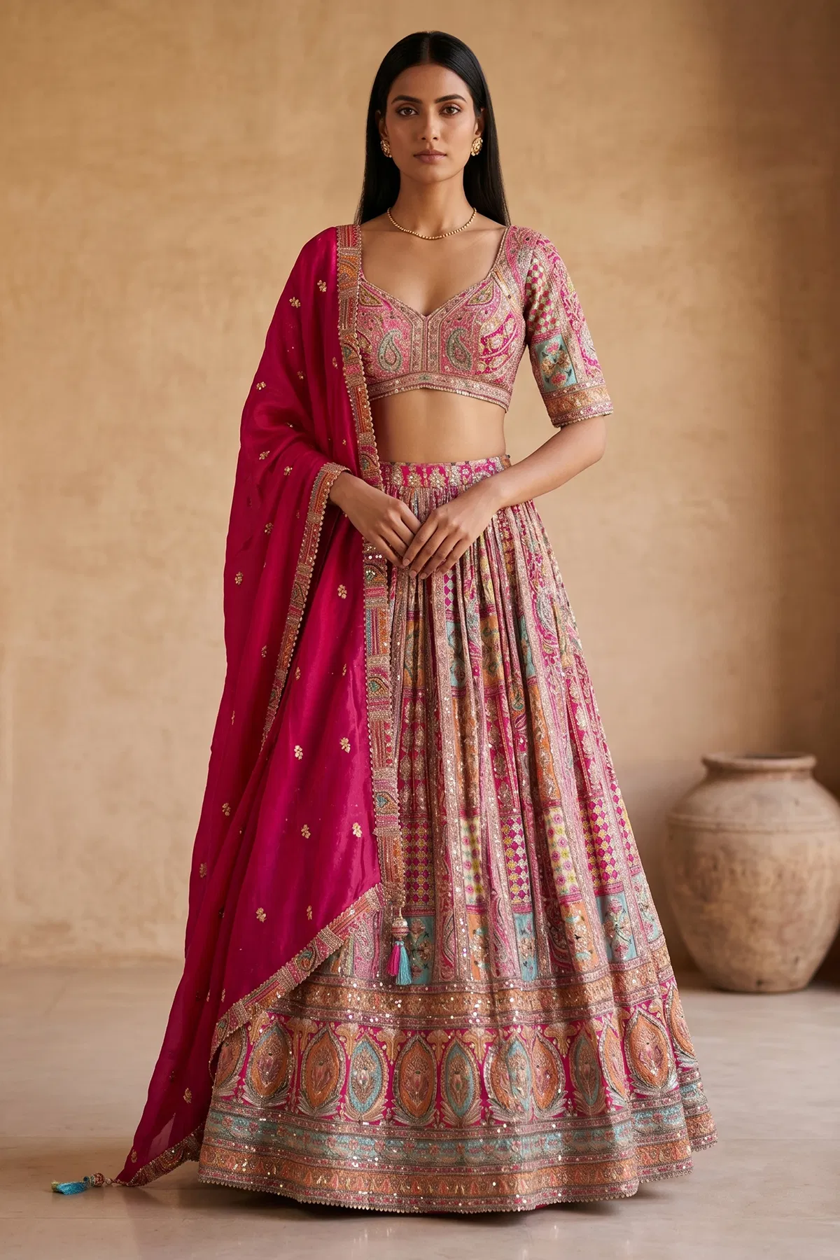 multicolor-printed-crepe-designer-lehenga-with-embroidered-elbow-sleeve-blouse-ac2933