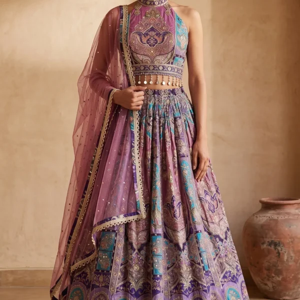 Multicolor Zari Embroidered Crepe Printed Designer Lehenga with Sleeveless Blouse-AB2380