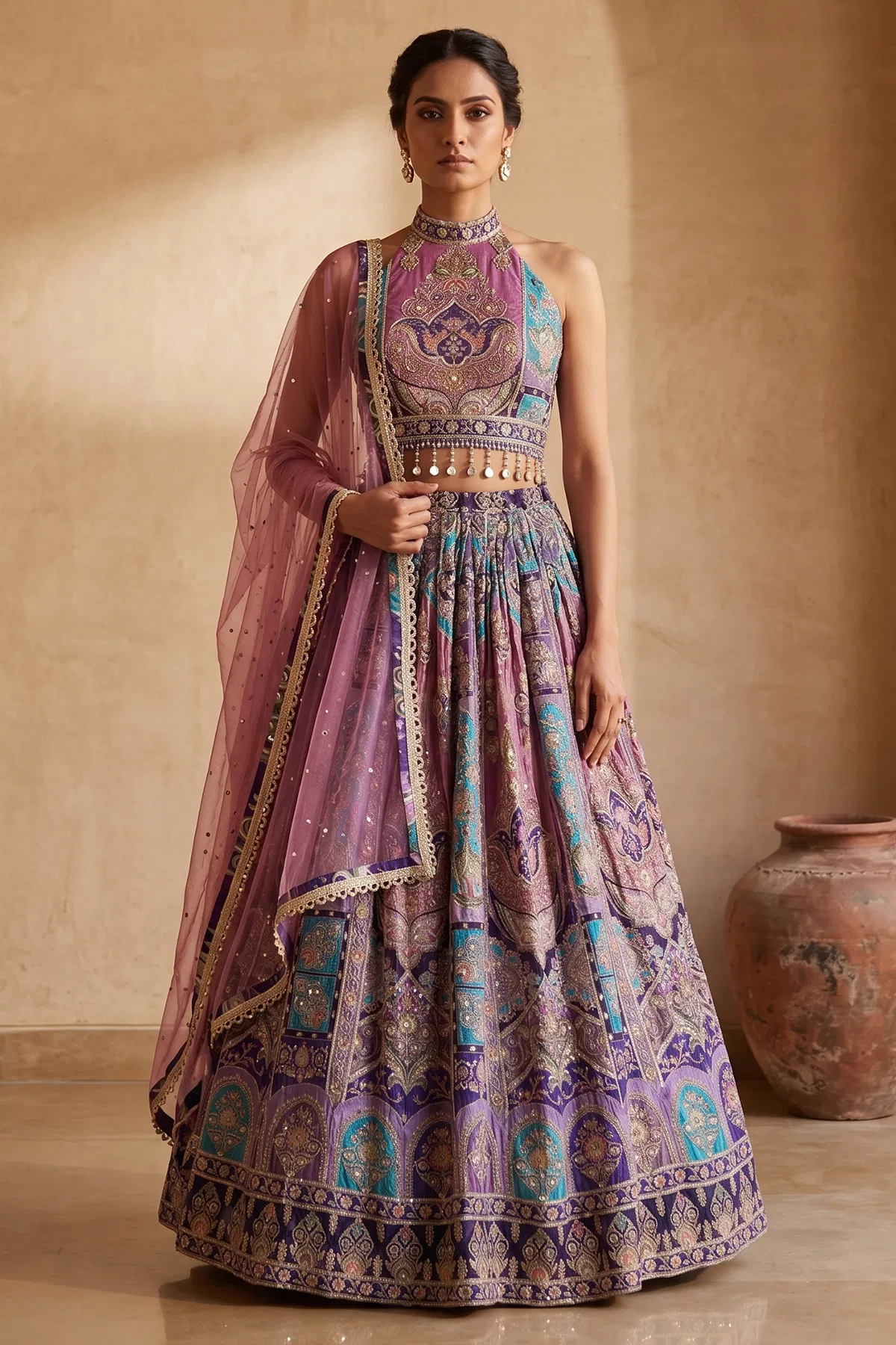 multicolor-zari-embroidered-crepe-printed-designer-lehenga-with-sleeveless-blouse-ab2380