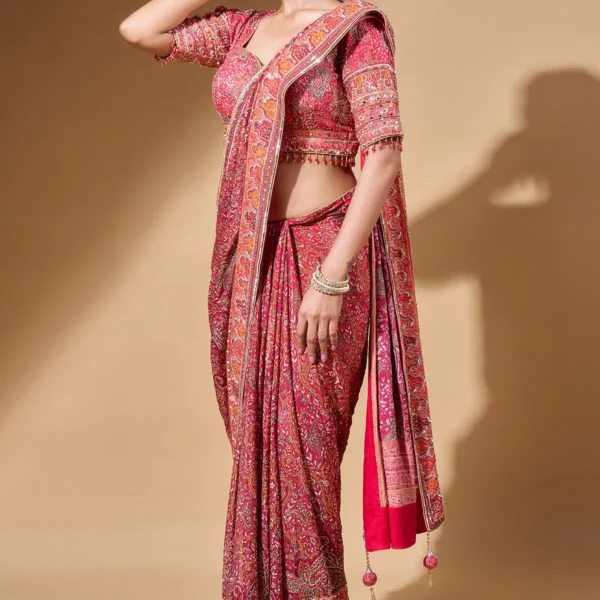 Orange Printed Crepe Saree with Readymade Half Sleeves Blouse-SR27851